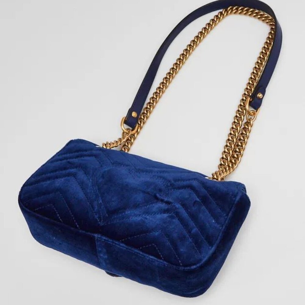Gucci Velvet Matelasse Small GG Marmont Shoulder Bag Cobalt Blue Gold Handbag NW - Picture 6 of 9